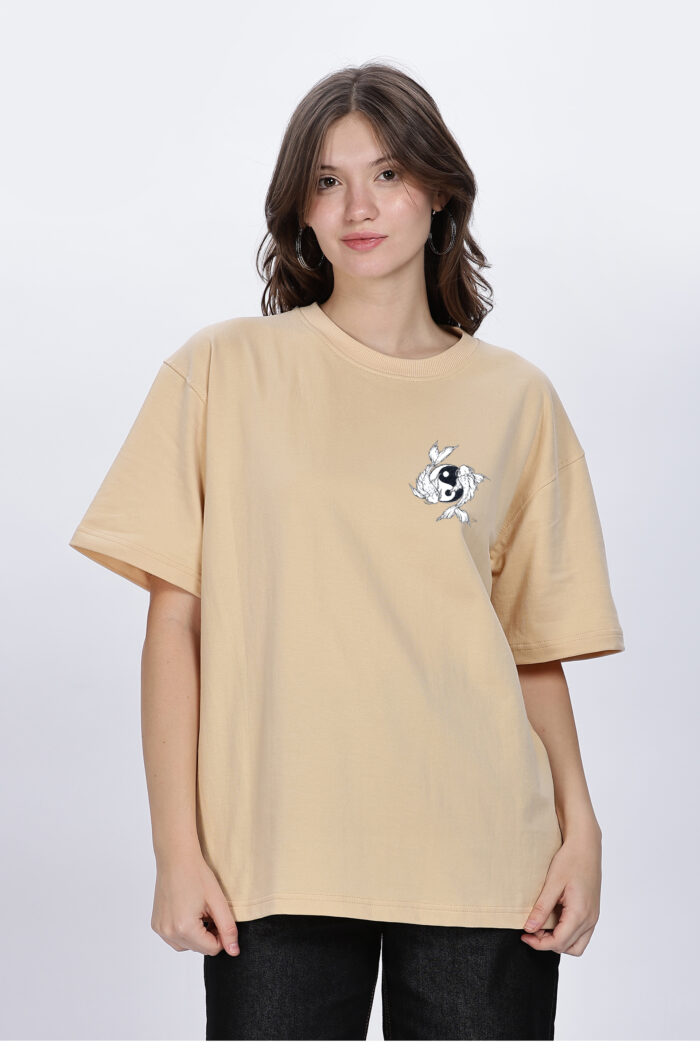 Koi Fish:  Women Beige Oversized T-shirt - Image 2