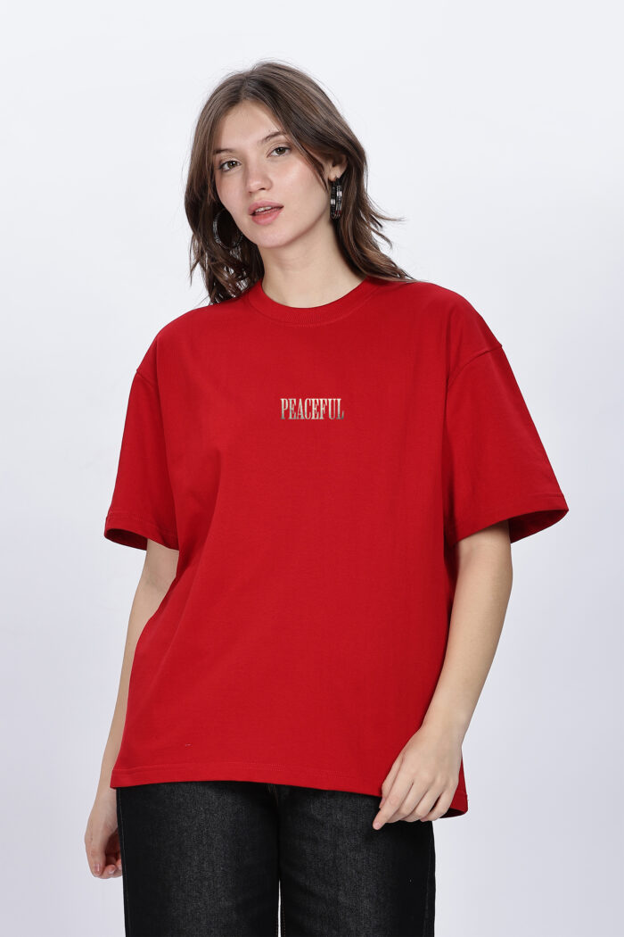 Peaceful: Women Red Oversized T-shirt - Image 2