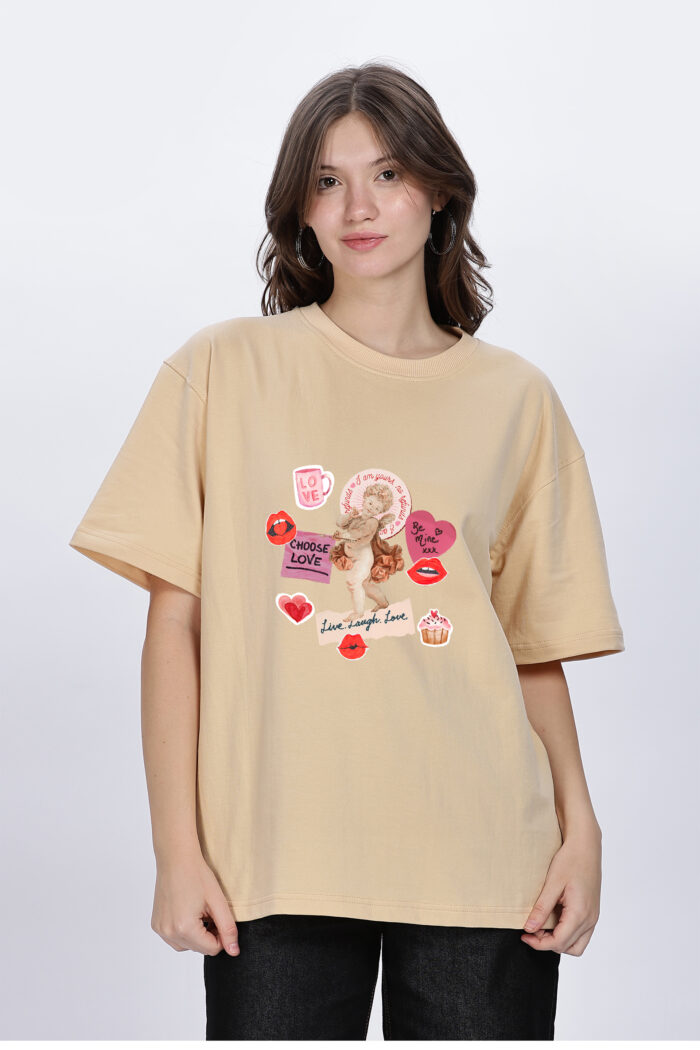 Happy: Women Beige Oversized T-shirt