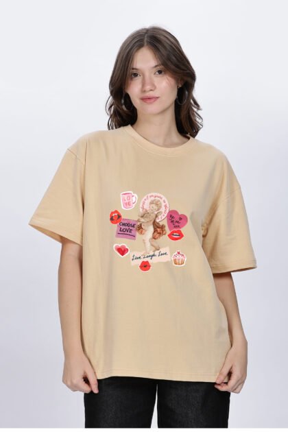 Happy: Women Beige Oversized T-shirt